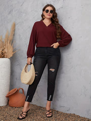  Casual Knit Top Solid Lantern Sleeve V Neck Knit Top