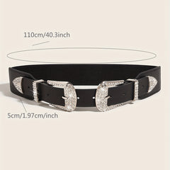 Western Belt Rhinestone Inlaid Buckle PU Leather Elastic Wide Girdle