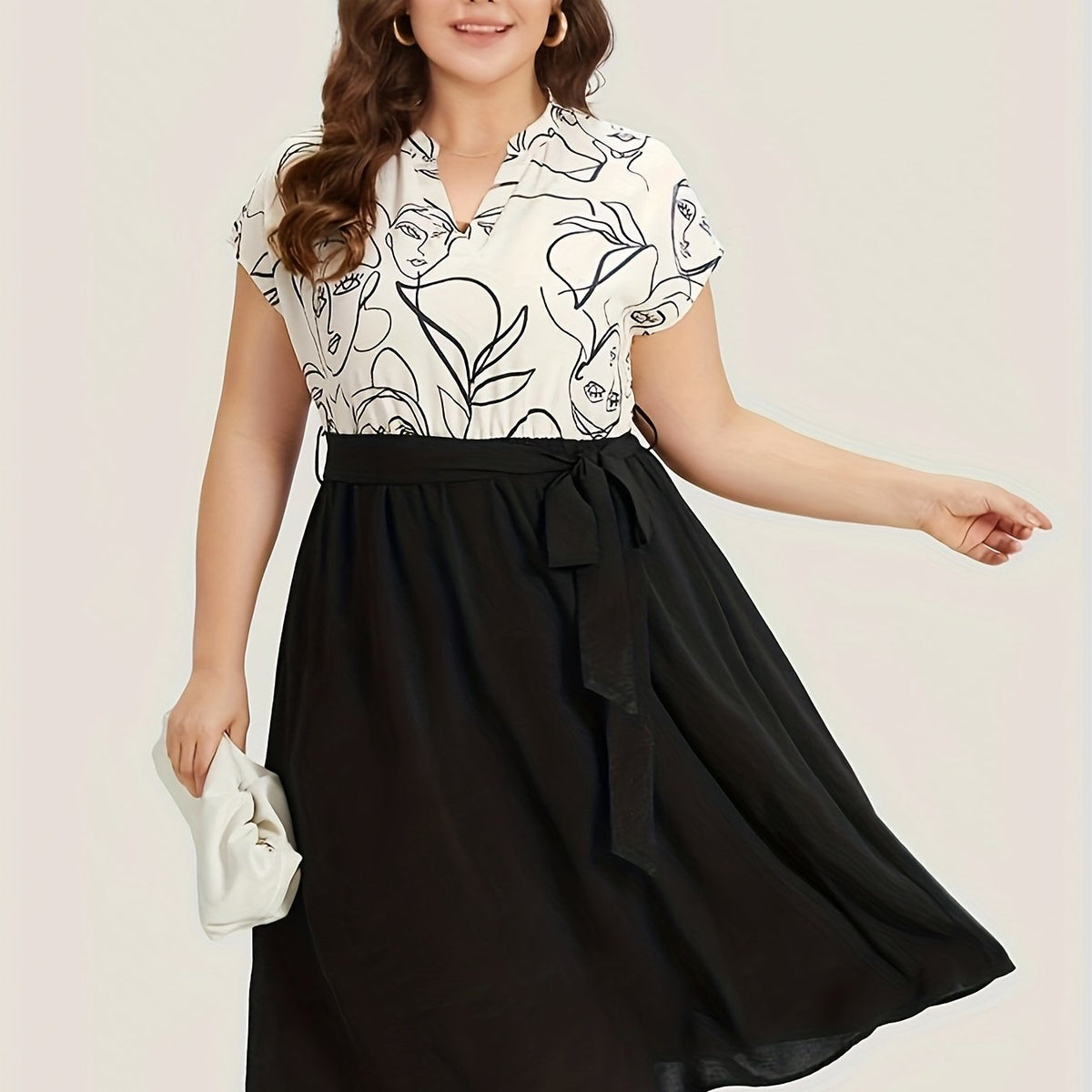  Colorblock Abstract Figure Print Midi Dress With Belt