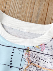Earth Map Print Boys Casual Pullover Sweatshirt