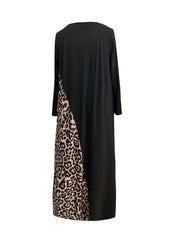  Lounge Dress Women's Colorblock Leopard Print Long Sleeve Nightdress