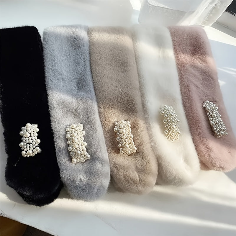 Plush Scarf Rabbit Fur Faux Pearl Winter Warm Cross Scarf