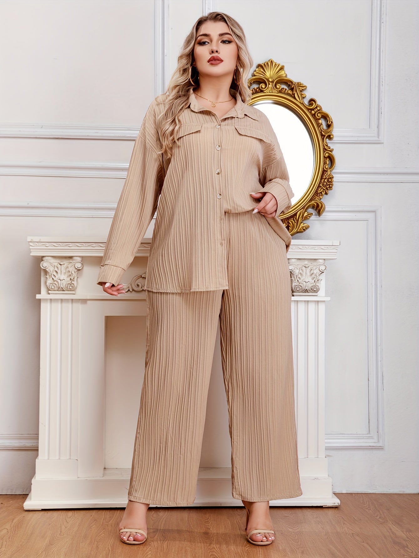  Ribbed Long Sleeve Shirt & Wide Leg Pants Set