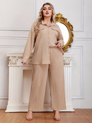  Ribbed Long Sleeve Shirt & Wide Leg Pants Set