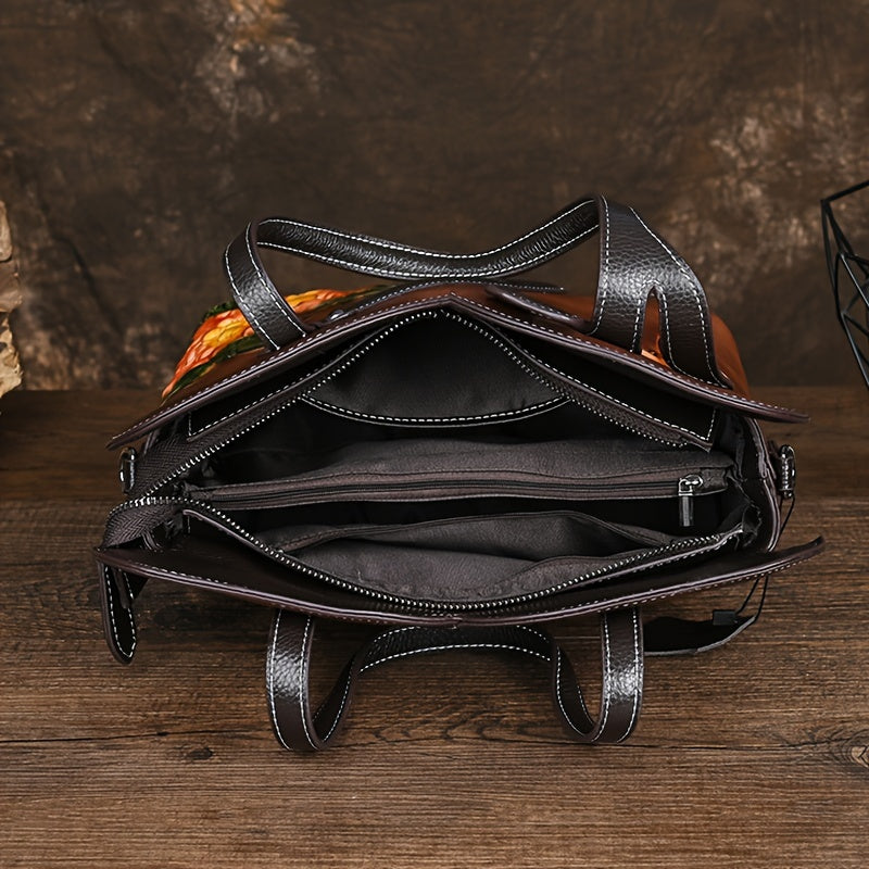 Women's Floral Embossed Leather Crossbody Bag Ethnic Style Coffee & Yellow