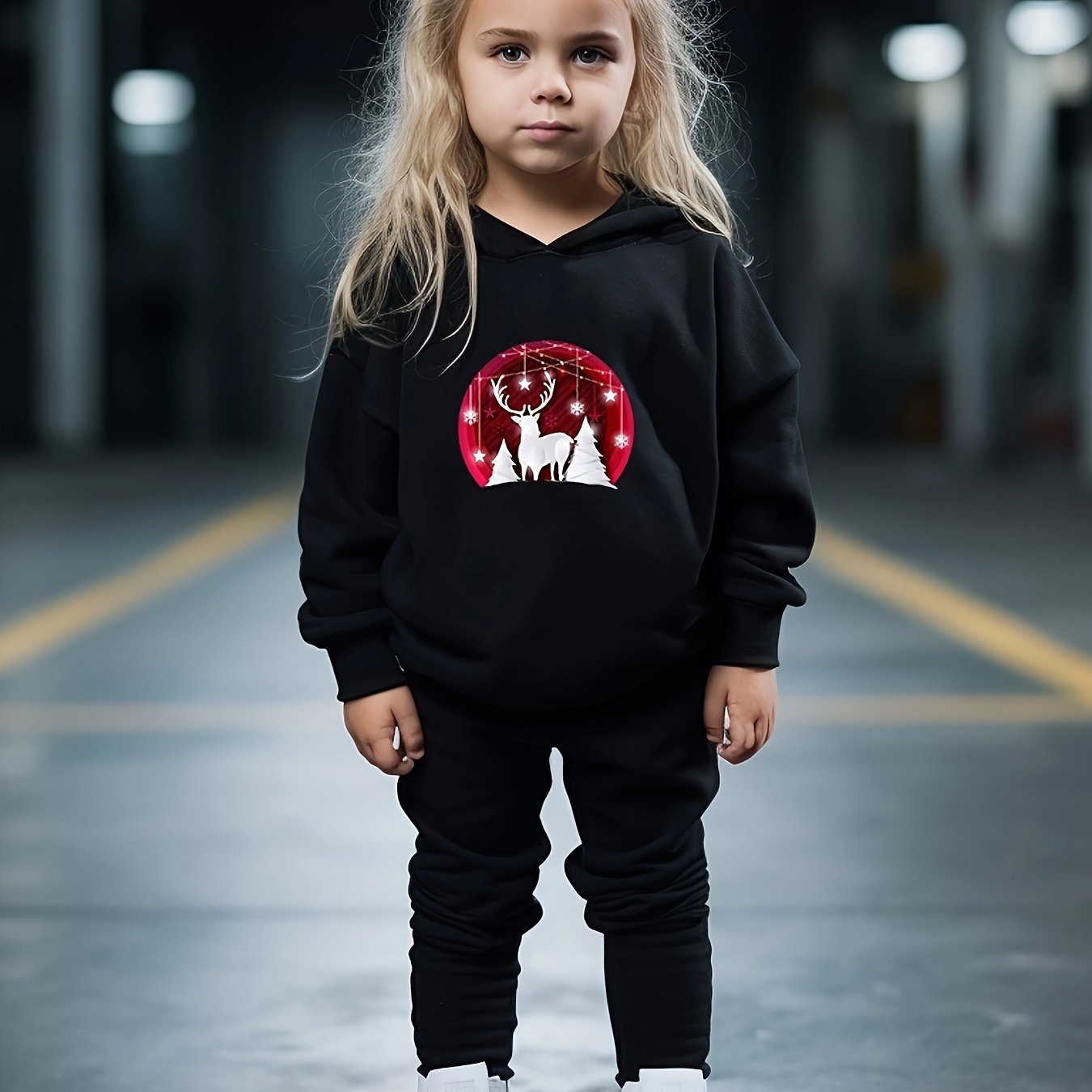 Girls 2pc Christmas Elk Hooded Sweatshirt Set