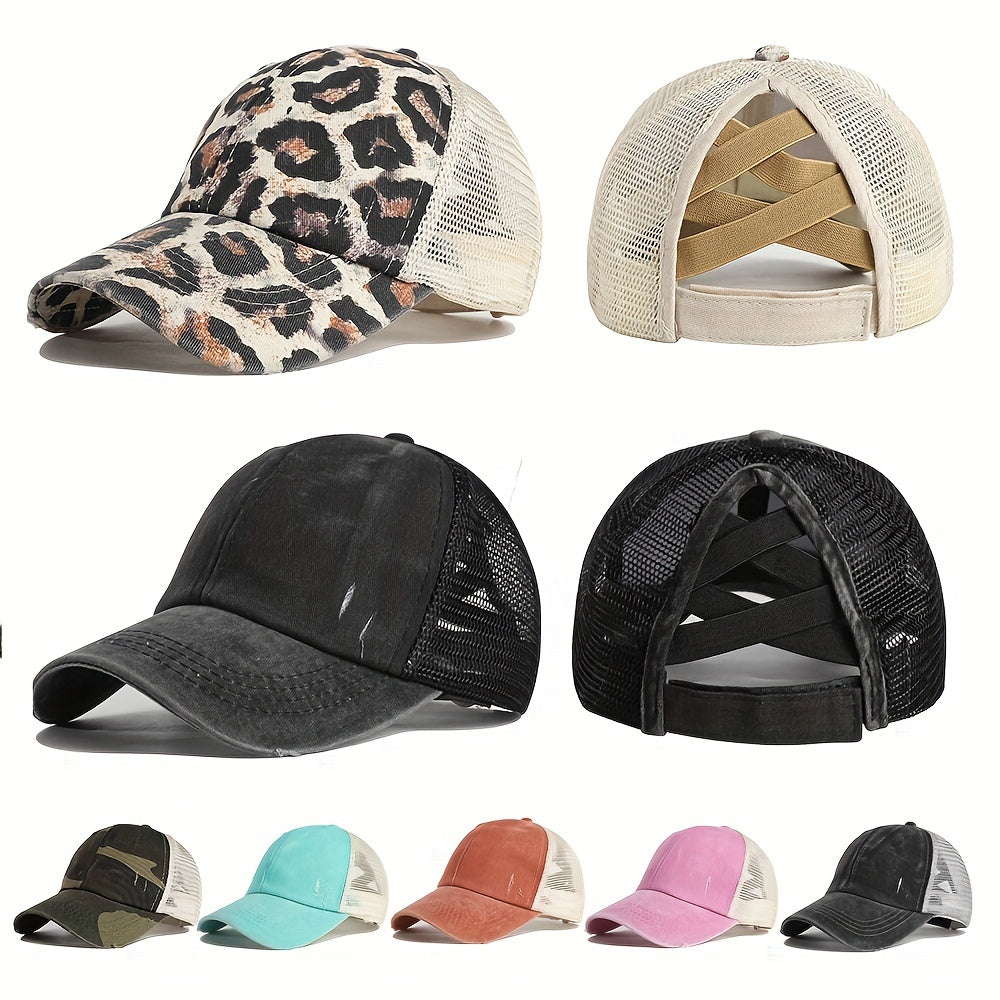 High Ponytail Baseball Cap Grid Criss Cross Ponytail Hat