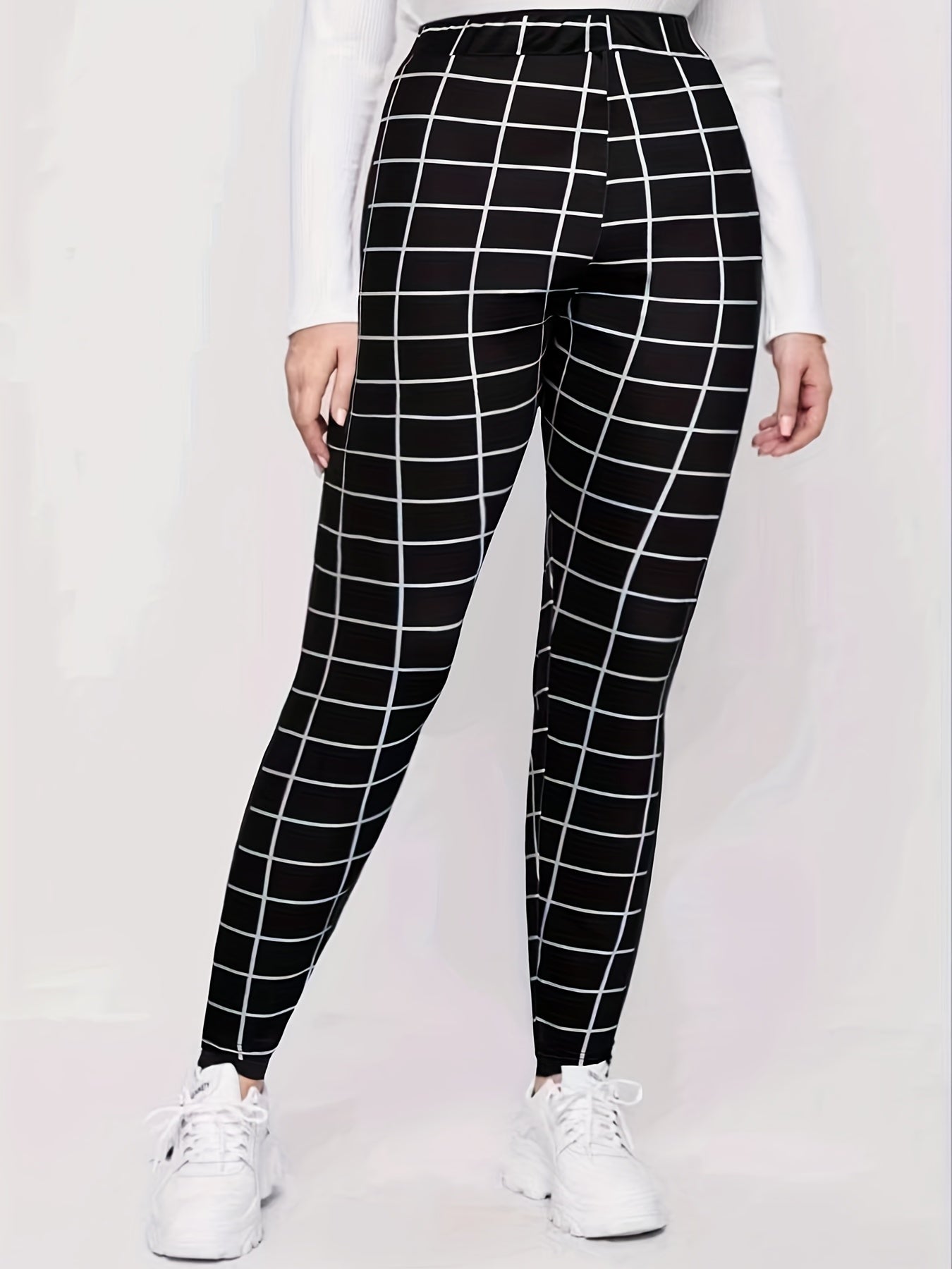  Pants Women's Plus Grid Print High Rise Medium Stretch Skinny Pants