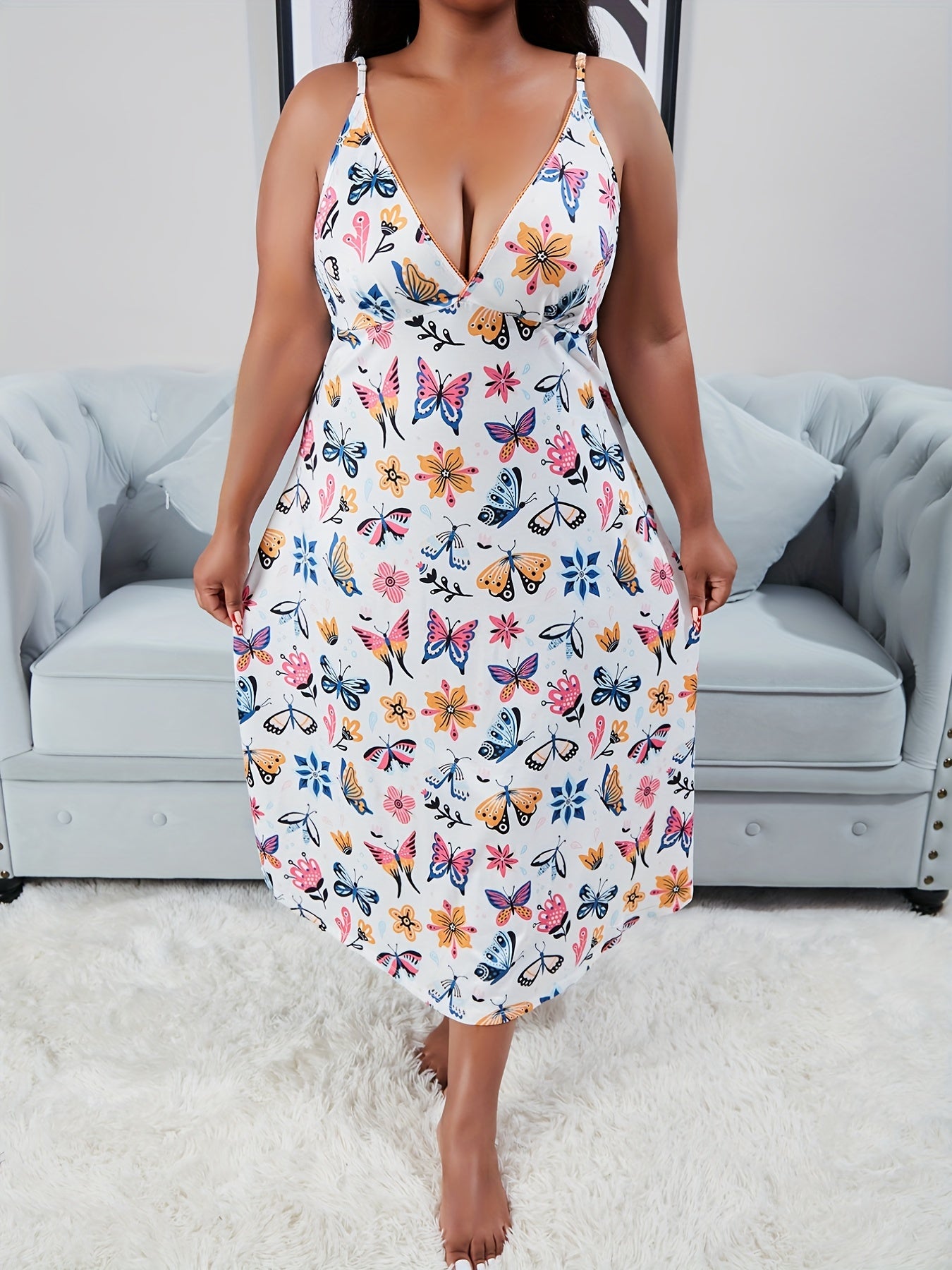  Nightdress Women's Butterfly & Floral Print V Neck Sleep Dress