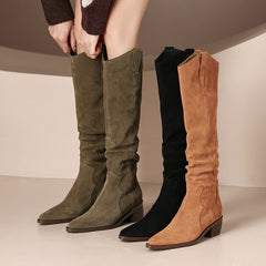 Women's V Mouth Slip On Boots Pointed Toe Faux Leather Knight Boots