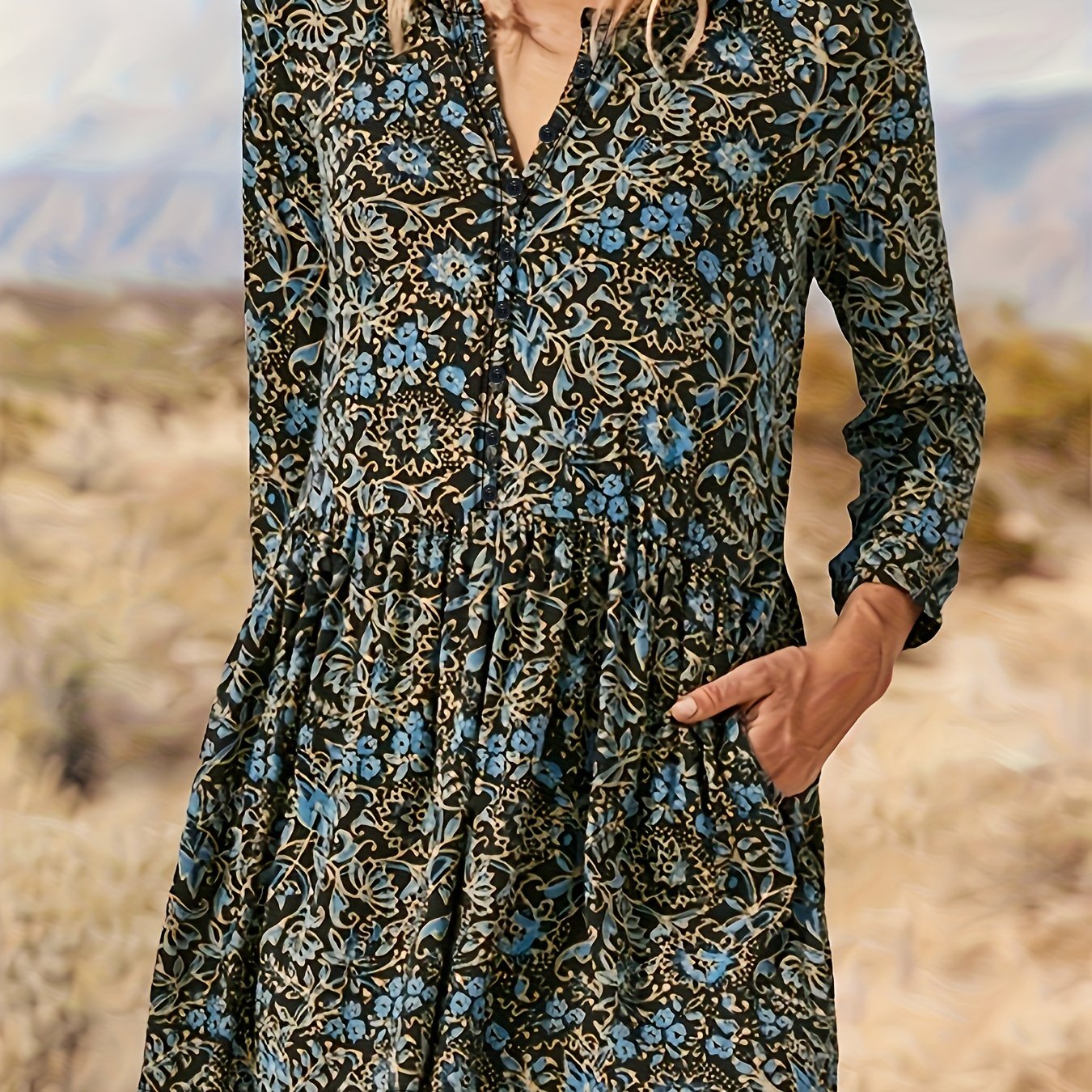  Floral Button-Up Blouse V-Neck Long Sleeve Retro Style