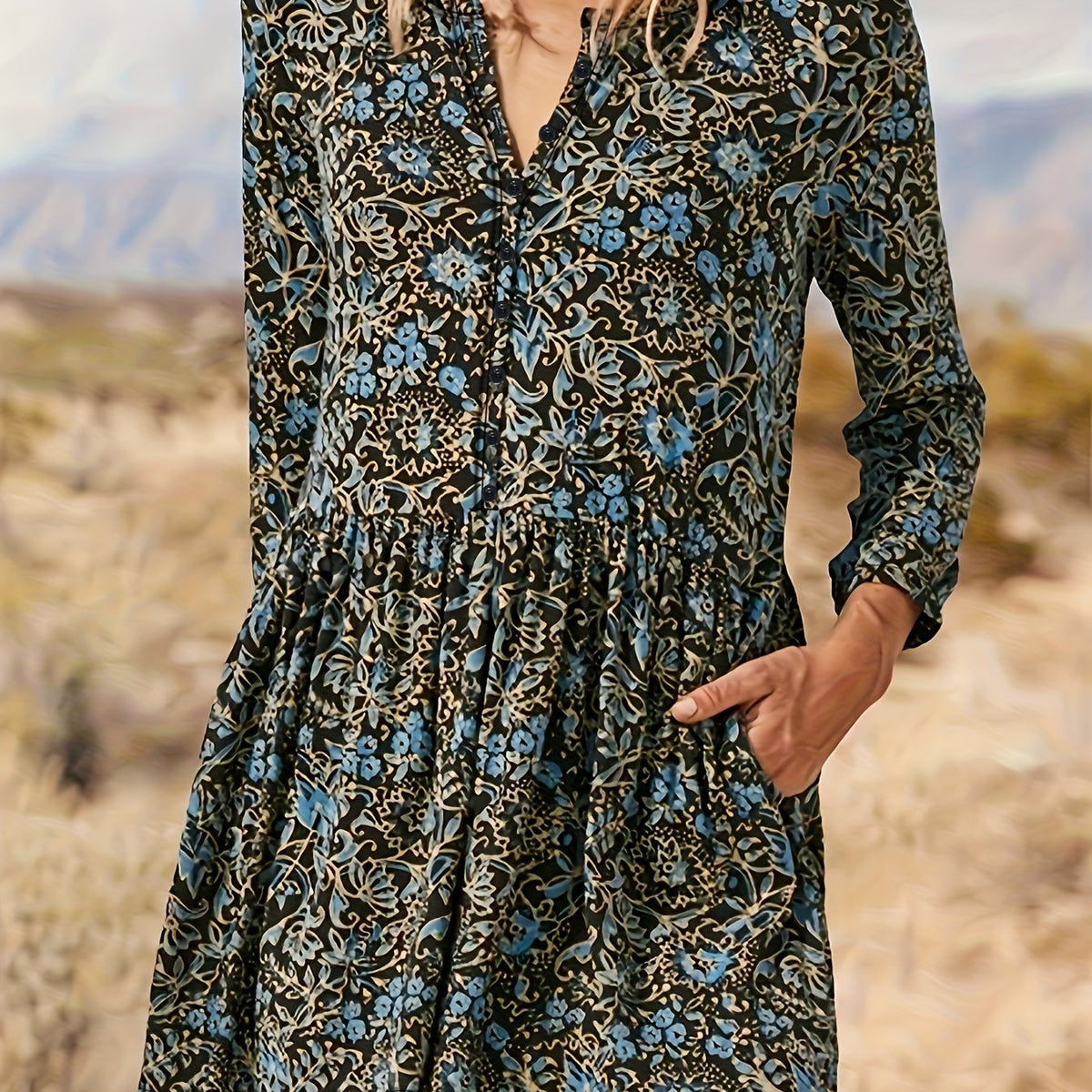  Floral Button-Up Blouse V-Neck Long Sleeve Retro Style