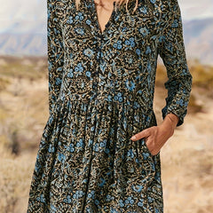  Floral Button-Up Blouse V-Neck Long Sleeve Retro Style