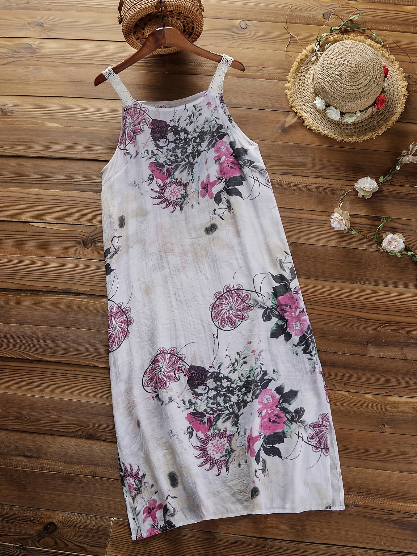  Floral Print Lace Strap Cami Dress