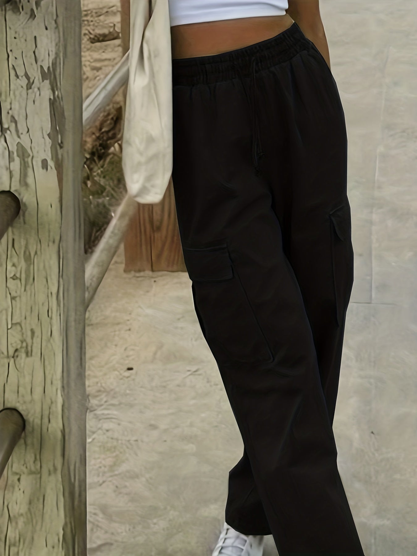  Women's Solid Cargo Pants with Drawstring Waist