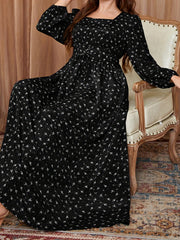 Plus Size Retro Dress Women's Plus Ditsy Floral Print Lantern Sleeve Square Neck