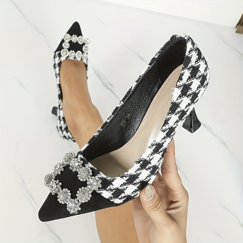 Women's Houndstooth High Heels Pointed Toe Rhinestone Stiletto Heels