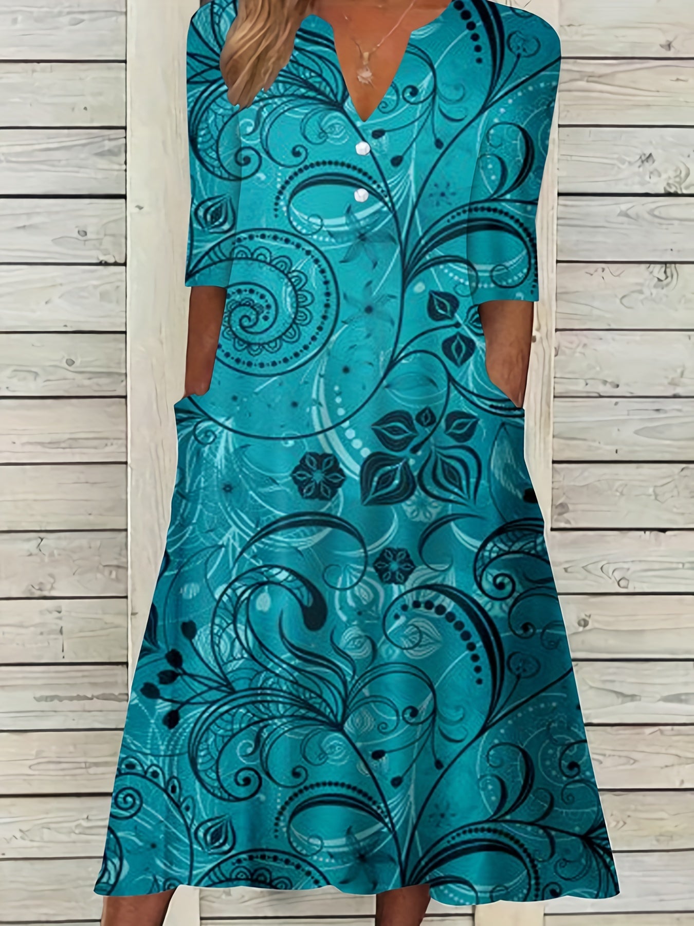  Floral Print Short Sleeve Dress with Pockets
