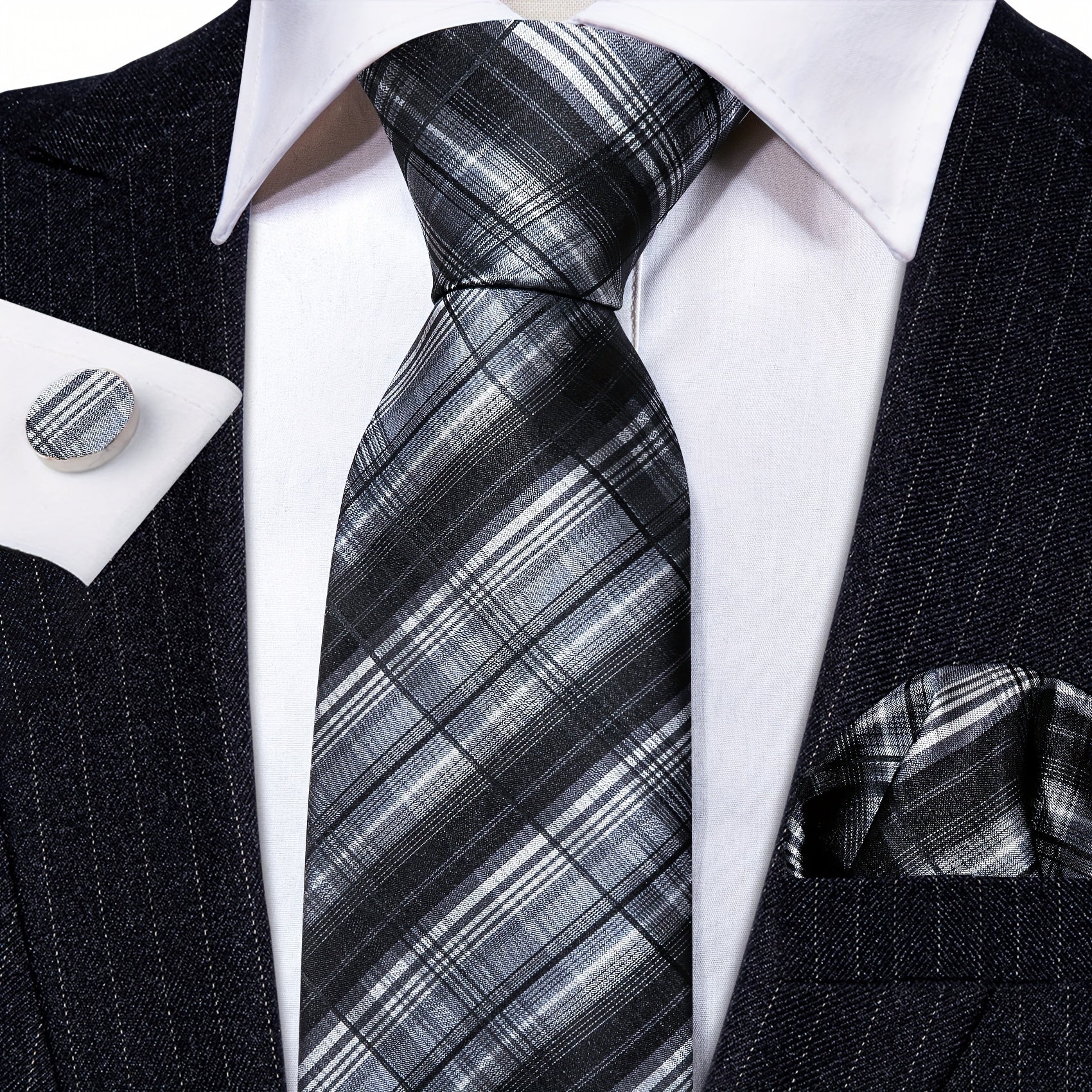 Classic Men's Ties Striped Plaid Necktie Handkerchief Cufflinks