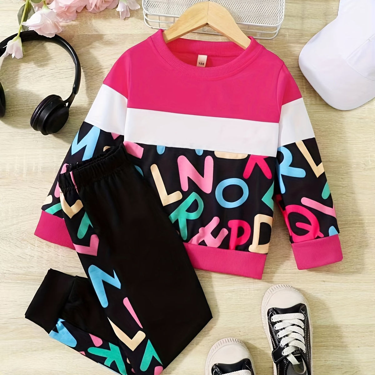 Girls Contrast Long Sleeve Sweatshirt & Sweatpants Set Winter Clothes