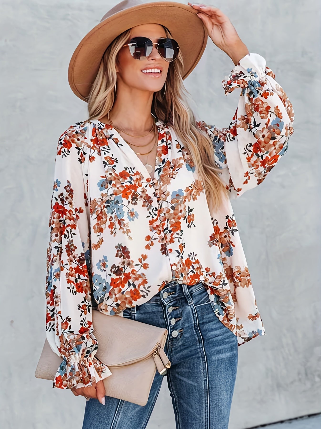 Women's Plus Floral Print Ruffle Trim Lantern Sleeve V Neck Blouse