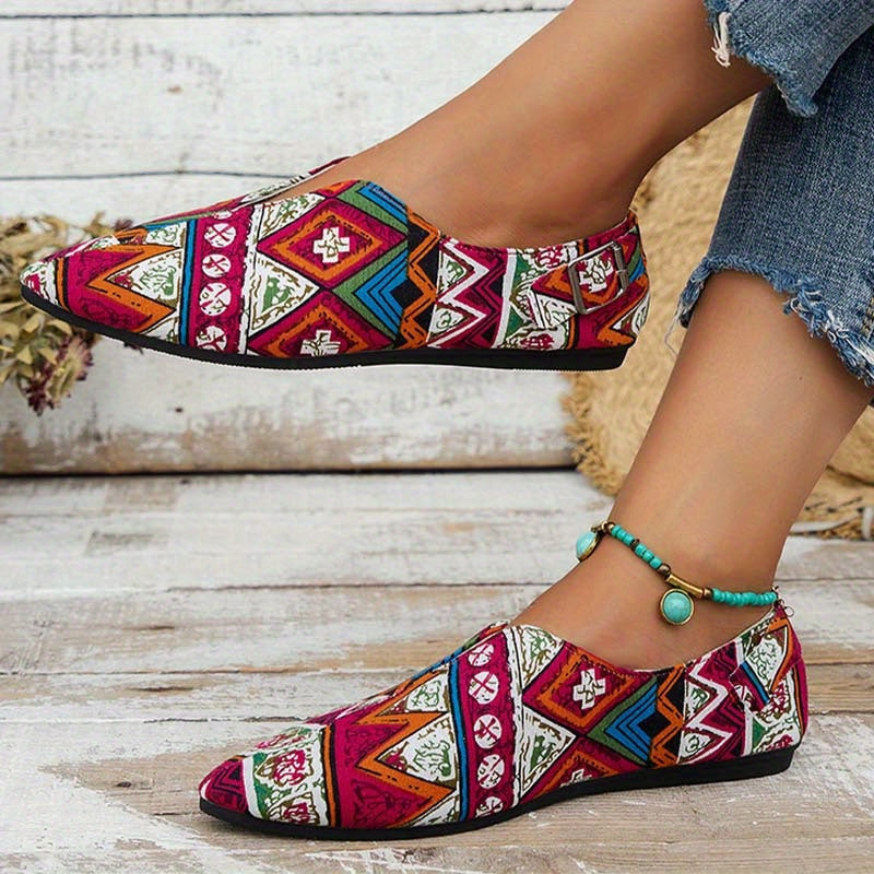 Women's Tribal Style Flat Shoes Pointed Toe Slip On Casual Canvas Flats