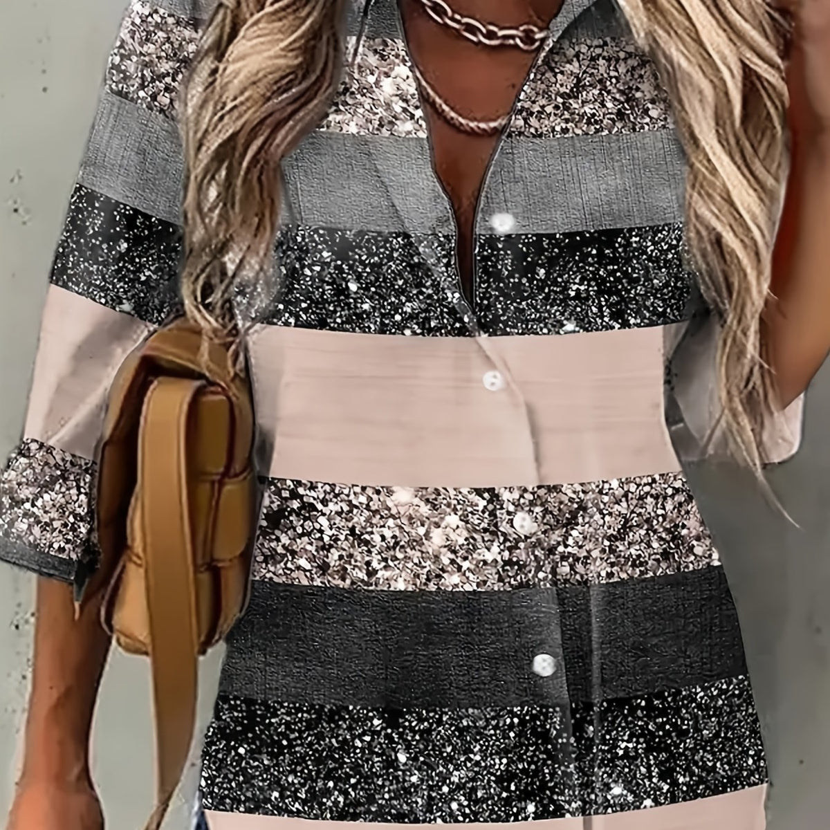  Casual Blouse 3D Bling Stripe Print Roll Up Sleeve Button Up Shirt