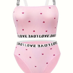  Heart Print Bra & Panty Set Medium Stretch