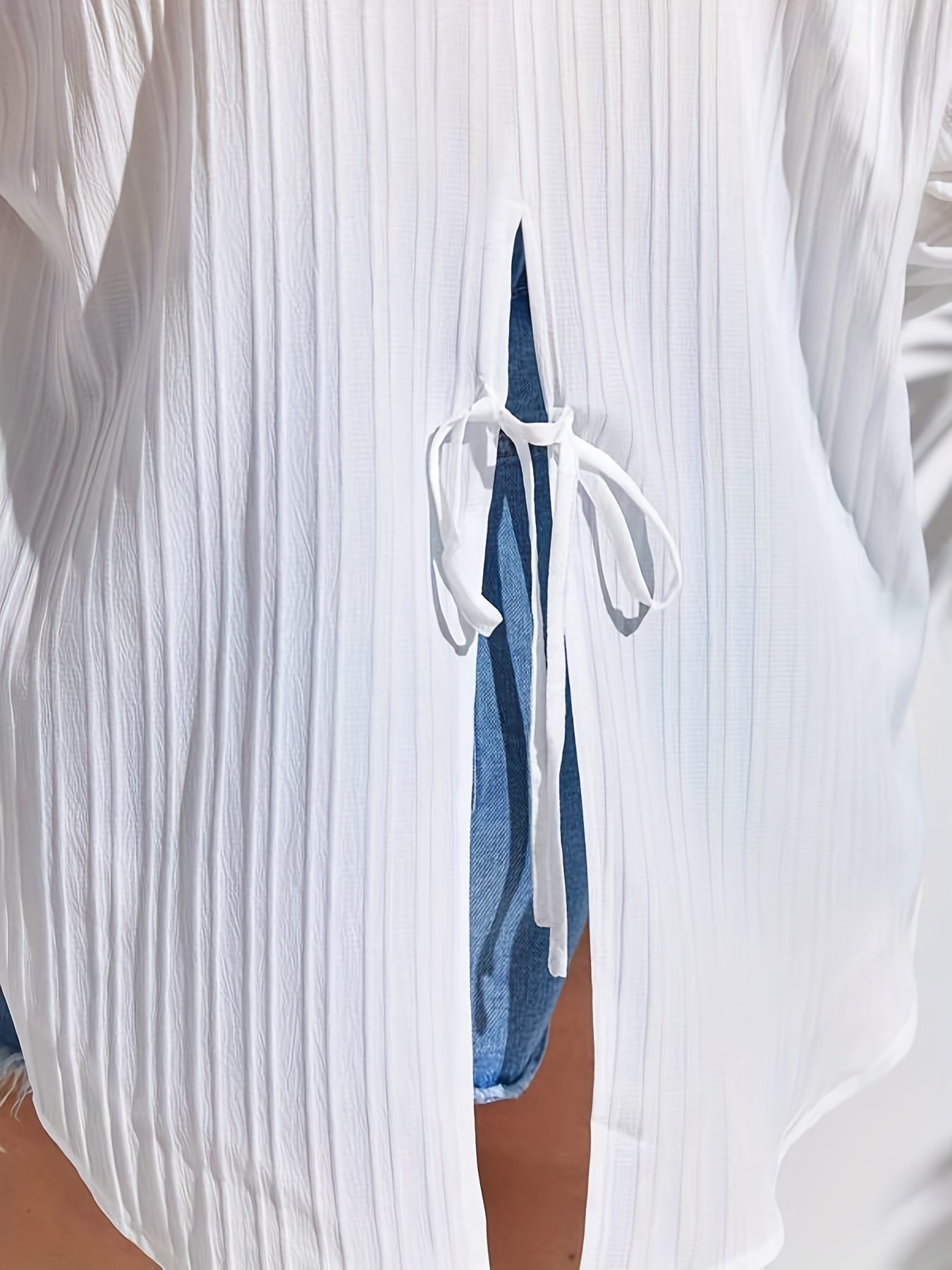 Solid Textured Long Sleeve Button Up Blouse