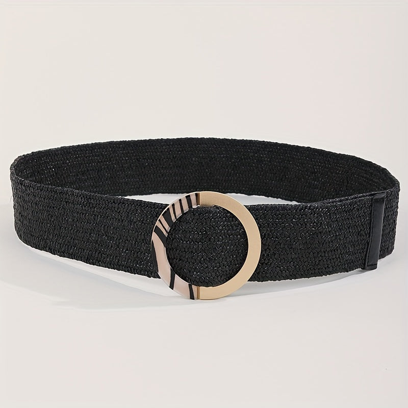 Vintage Straw Belt Braided Elastic Dress Waistband Round Buckle Women Girdle