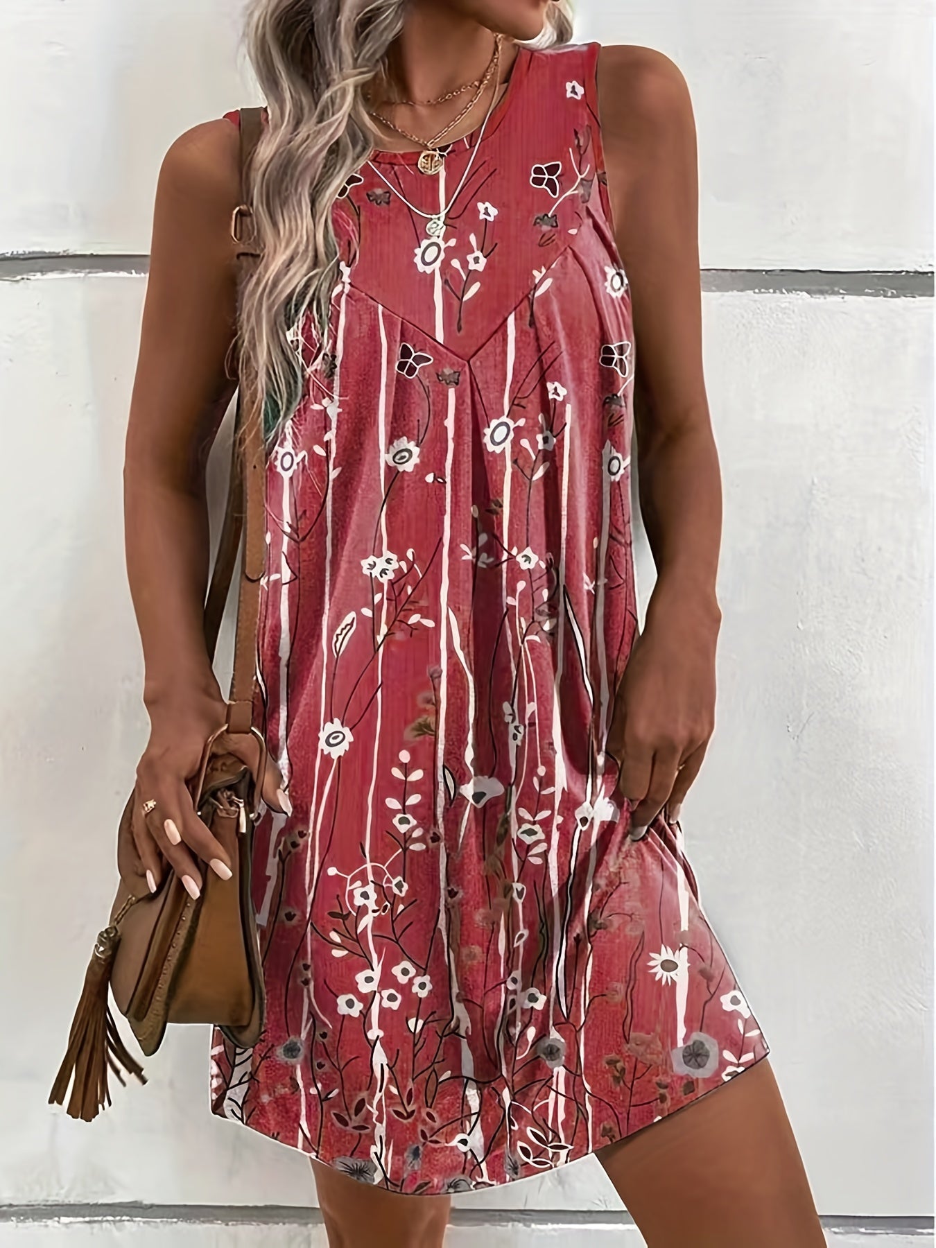  Floral Print Tank Dress Round Neck Slight Stretch