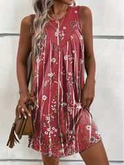  Floral Print Tank Dress Round Neck Slight Stretch