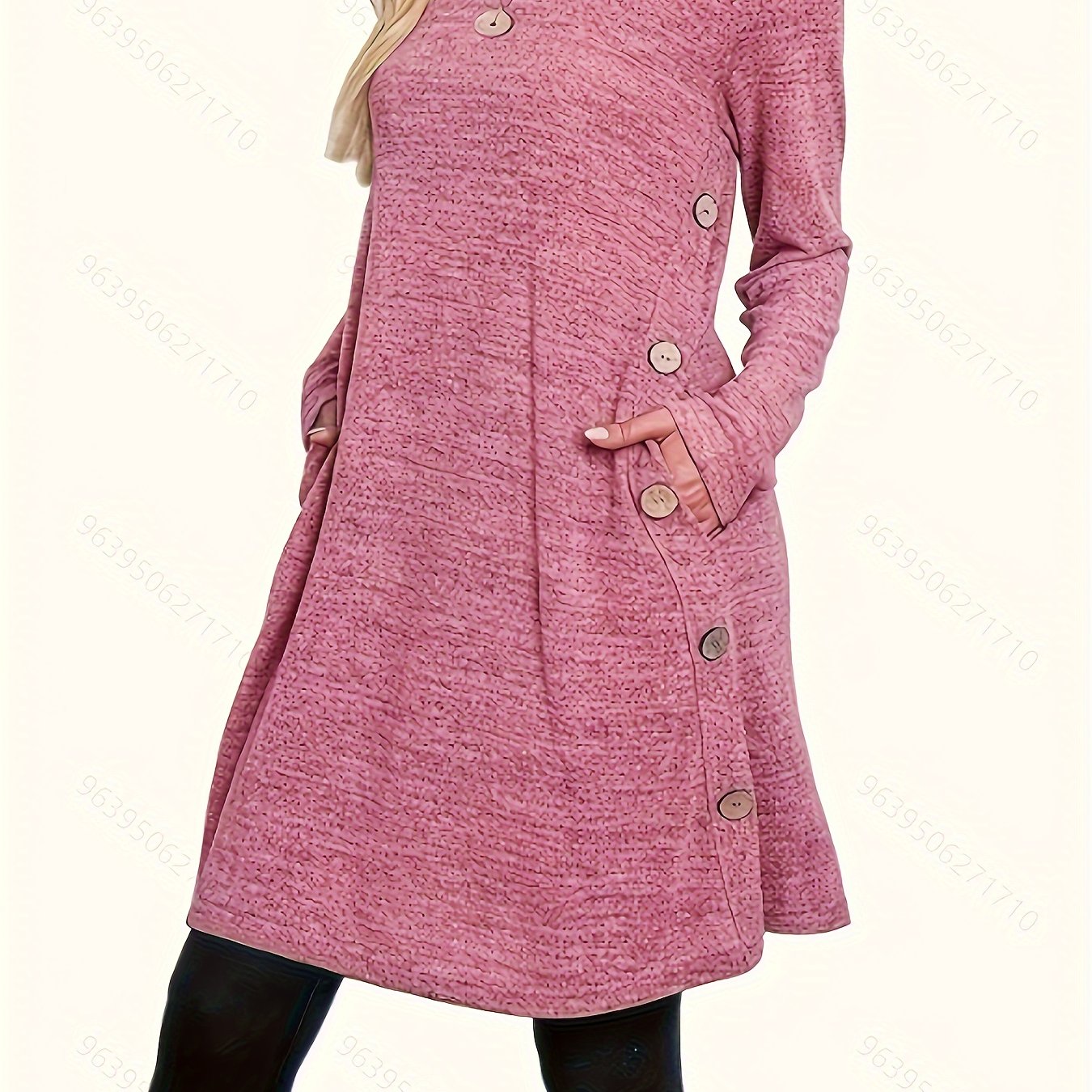  Casual Dress Women's Plus Solid Button Decor Long Sleeve Dress