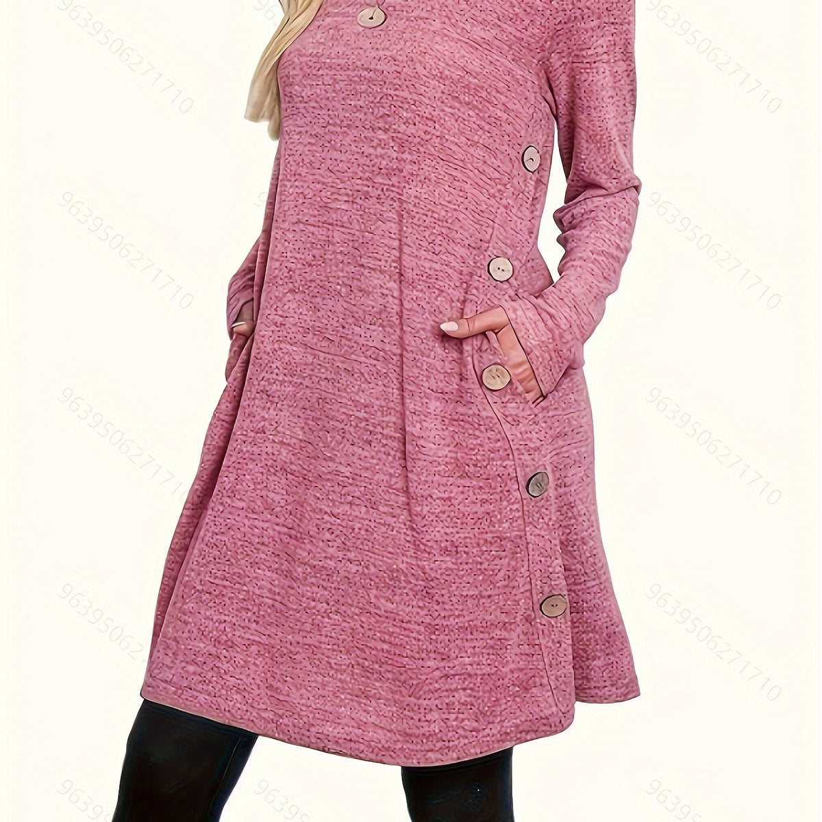  Casual Dress Women's Plus Solid Button Decor Long Sleeve Dress