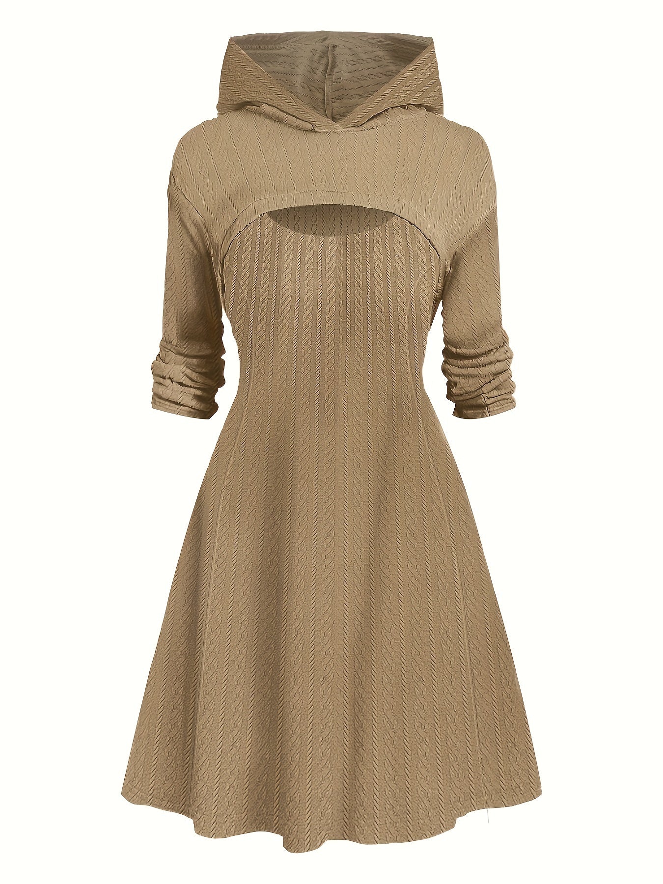  Solid Cable Cut Out Long Sleeve Hooded A line Dress