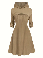  Solid Cable Cut Out Long Sleeve Hooded A line Dress