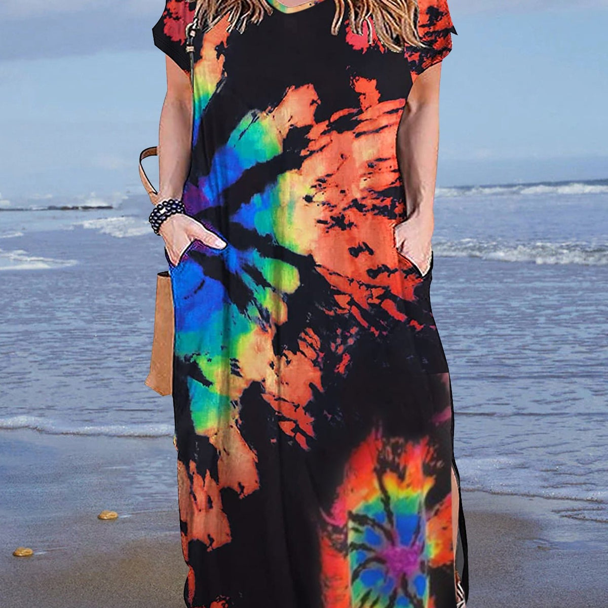 Women's Plus Tie Dye Short Sleeve V Neck Maxi Dress With Pockets