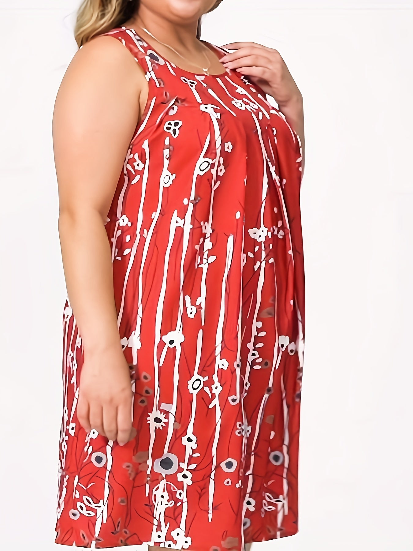  Floral Print Tank Dress Round Neck Slight Stretch