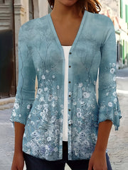  Floral Print Bell Sleeve Button Up Cardigan