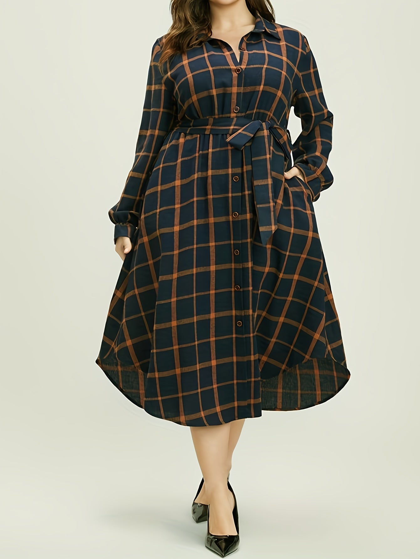 Plaid Print Button Up Long Sleeve Dress With Belt