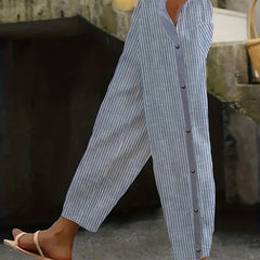  Stripe Print Wide Leg Pants with Pockets