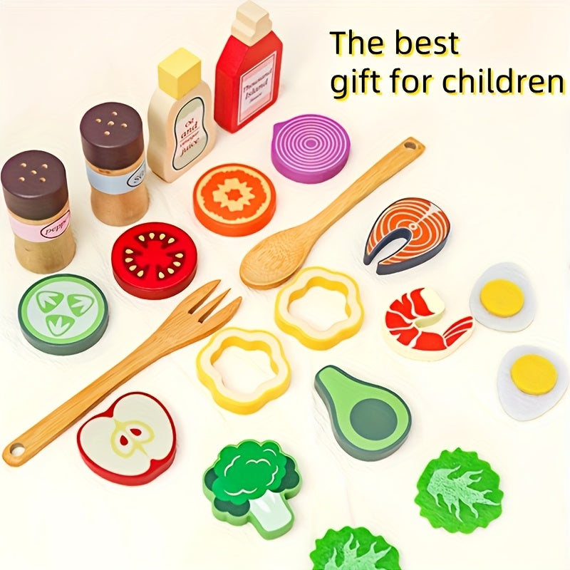 Wooden Fruit and Vegetable Salad Set with Utensils for Kids
