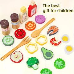 Wooden Fruit and Vegetable Salad Set with Utensils for Kids
