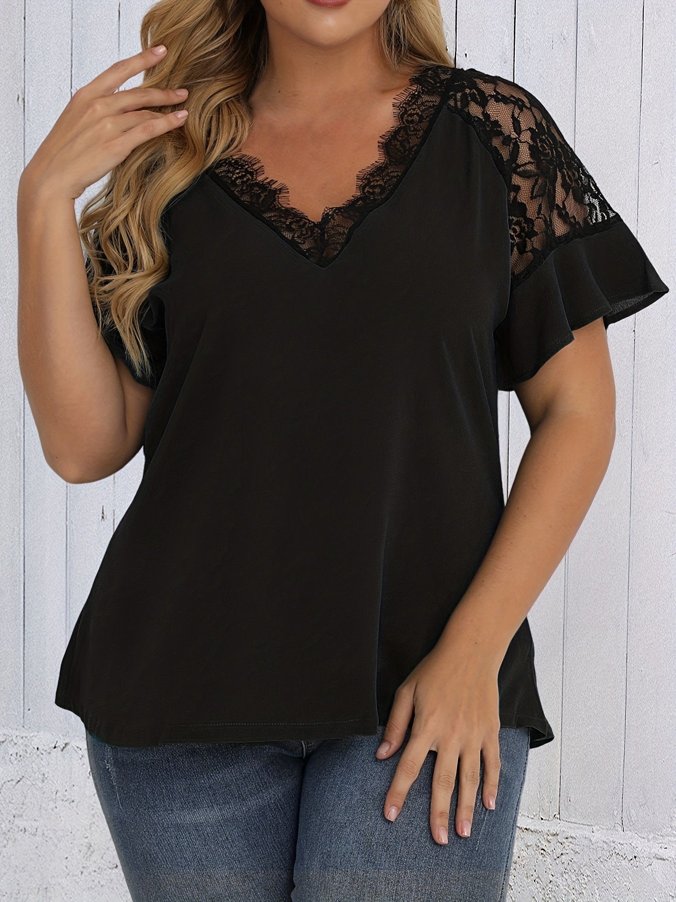  Solid Lace Ruffle Trim Bell Sleeve V Neck Top
