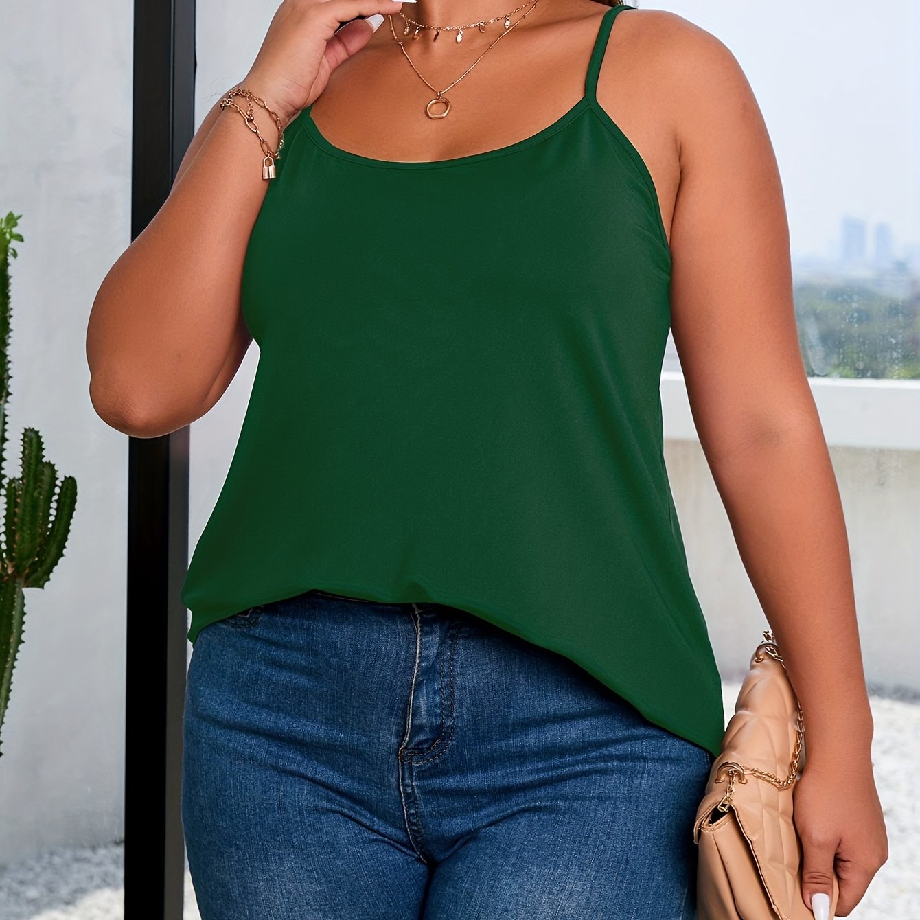  Casual Cami Top Women's Plus Solid Round Neck Slight Stretch Cami Top