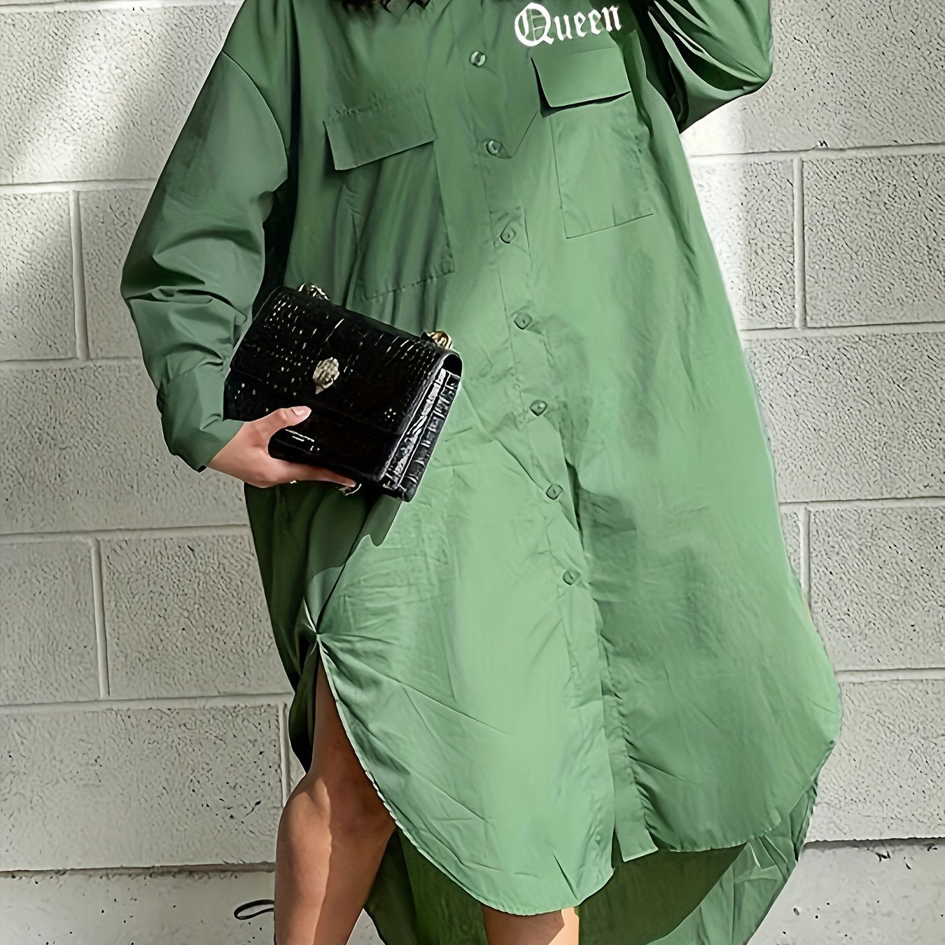 Letter Print Button Up Long Sleeve Shirt Dress