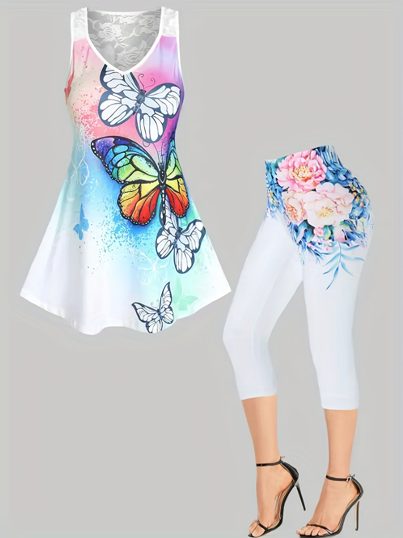 Butterflies Print 2 Pieces Set Sleeveless Tops & Leggings Set
