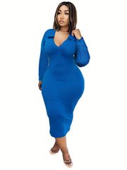  Solid Long Sleeve V Neck Slim Fit Dress