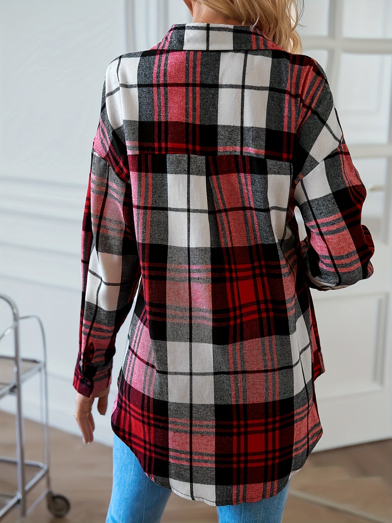 Plaid Print Long Sleeve Button Up Tunic Shirt Top