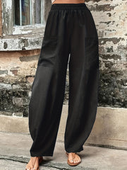  Solid High Rise Loose Pants With Pockets